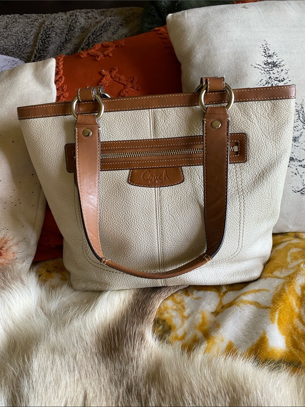 Coach Cream and Brown Leather Tote